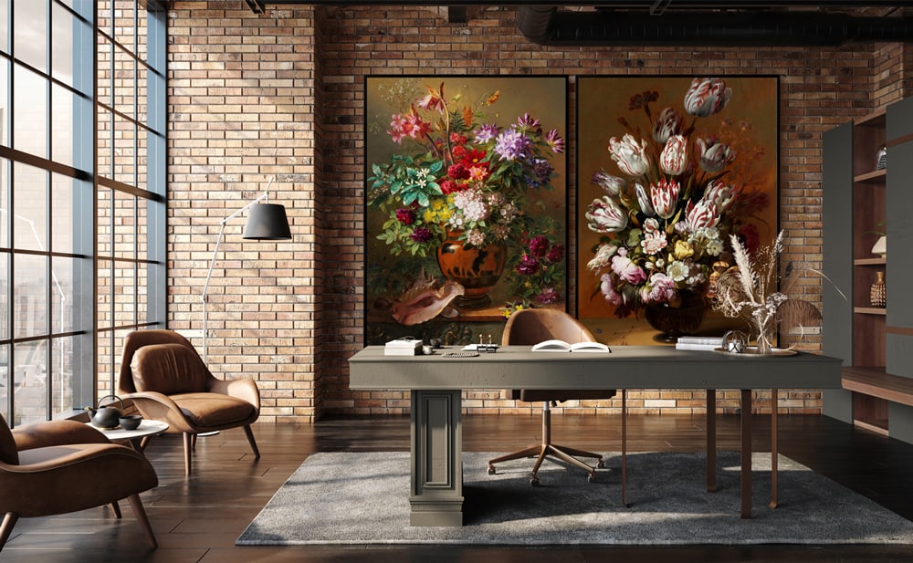 Two photos on canvas hanging in an office space