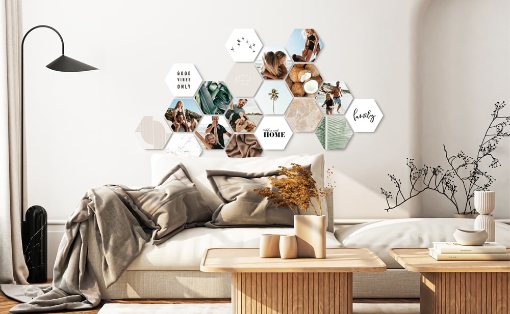 Shapes wall art in a living room - stylish hexagon photo tiles as inspiration for positioning your perfect print.