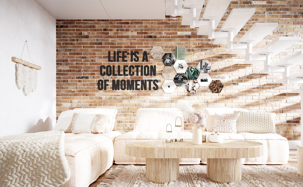 Shapes wall art combined with felt letters under the stairs — modern hexagon photo tiles as a stylish feature on a brick wall.